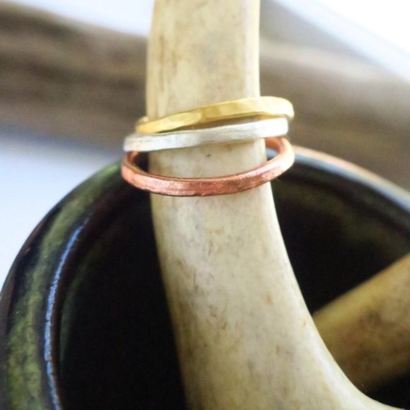 Hammered Ring Set Rose Gold Sterling Silver Boho - Picture 9 of 9